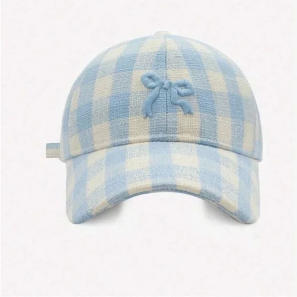 Adjustable Checkered Light Pink + White Embroidered Bowknot Baseball Cap OS New - Picture 10 of 11
